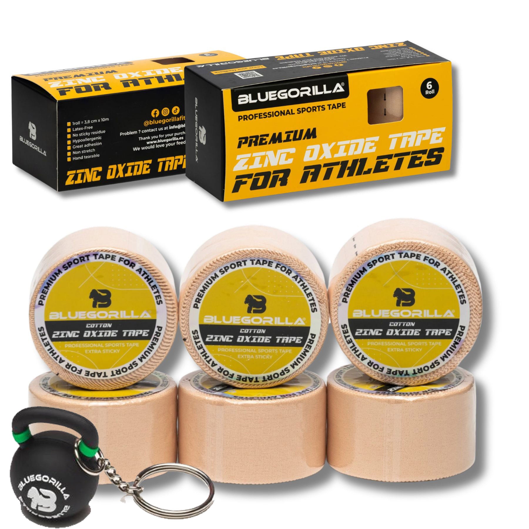 BLUEGORILLA® Esparadrapo Deportivo - Tape Oxido de Zinc - Pack 6 x 3,8cm. x 10mtr. Llavero KB