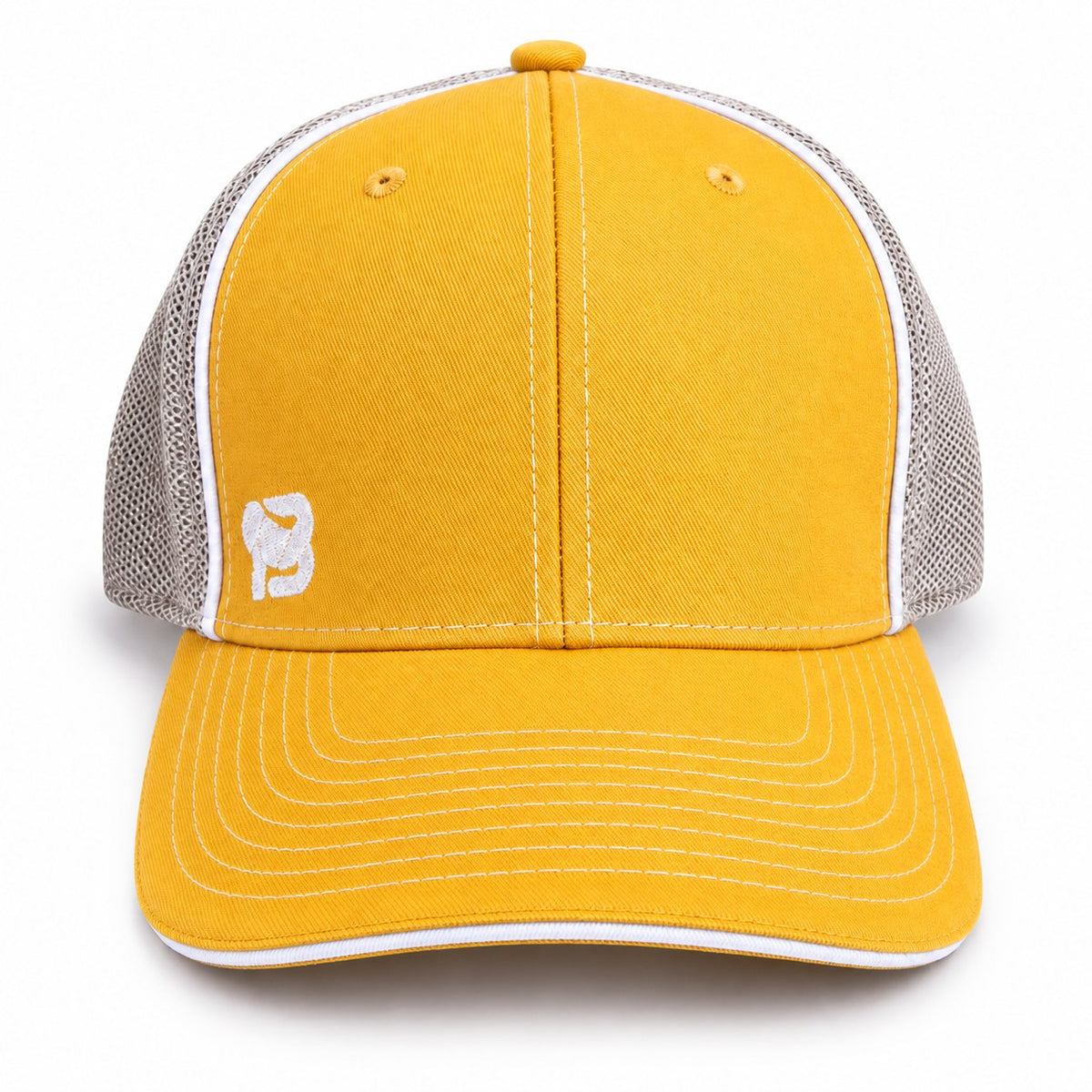 Gorra trucker BLUEGORILLA amarilla con rejilla y logo gorila bordado, vista frontal