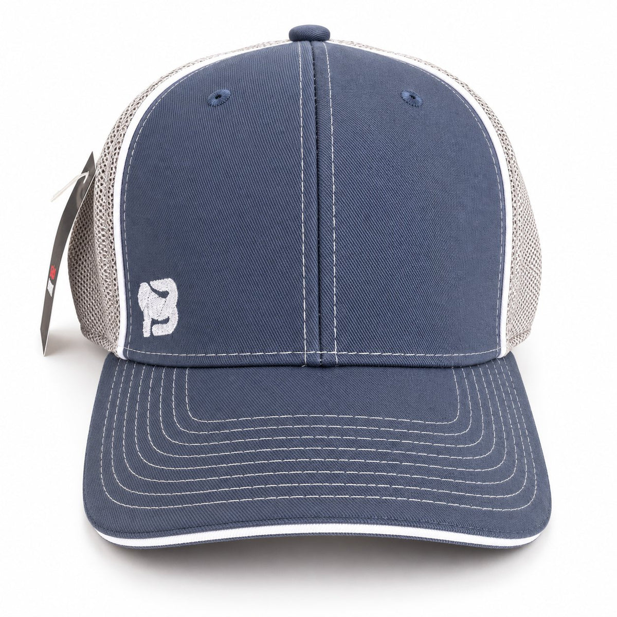 Gorra trucker BLUEGORILLA azul con rejilla y logo gorila bordado, vista frontal