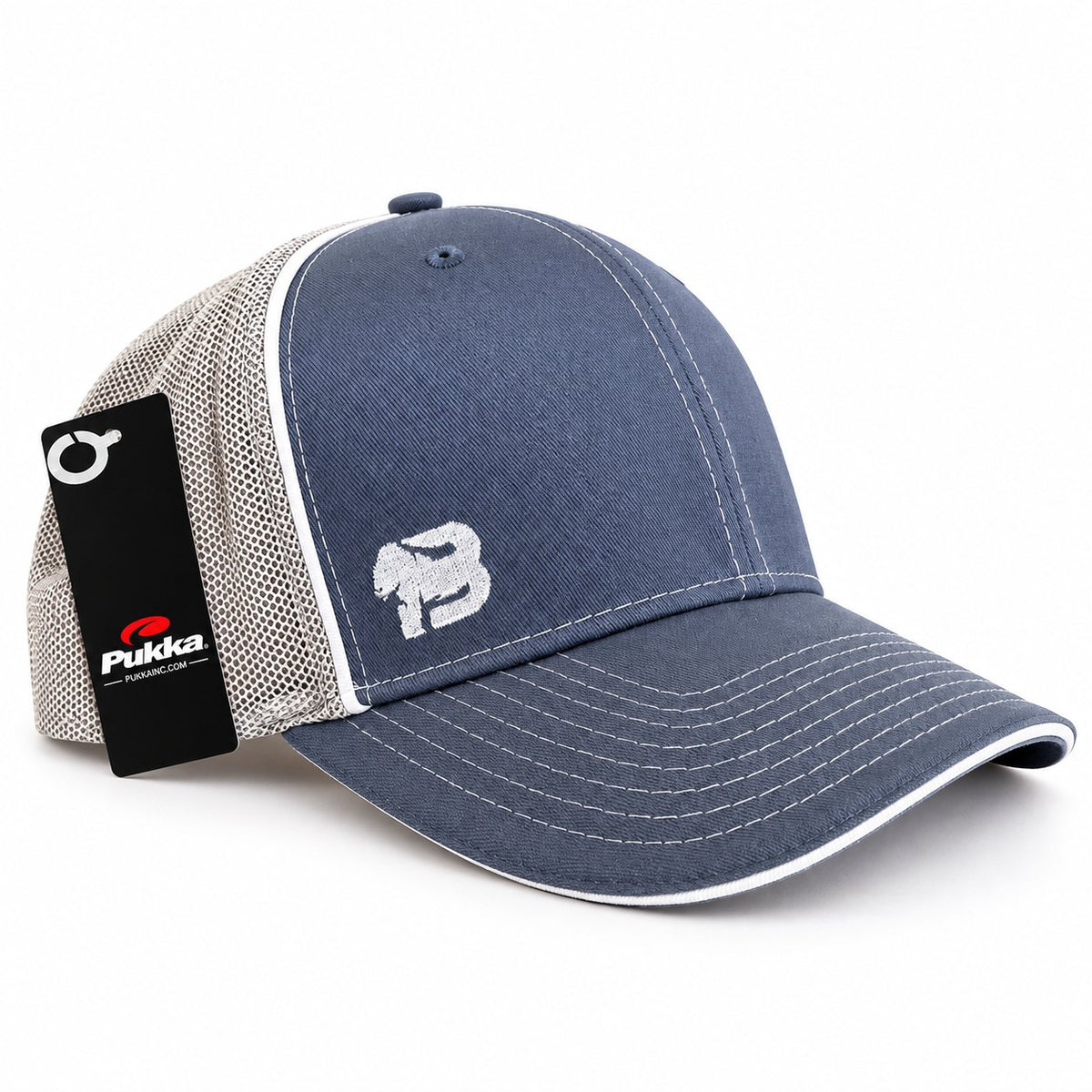 Gorra trucker BLUEGORILLA azul, vista lateral con rejilla transpirable