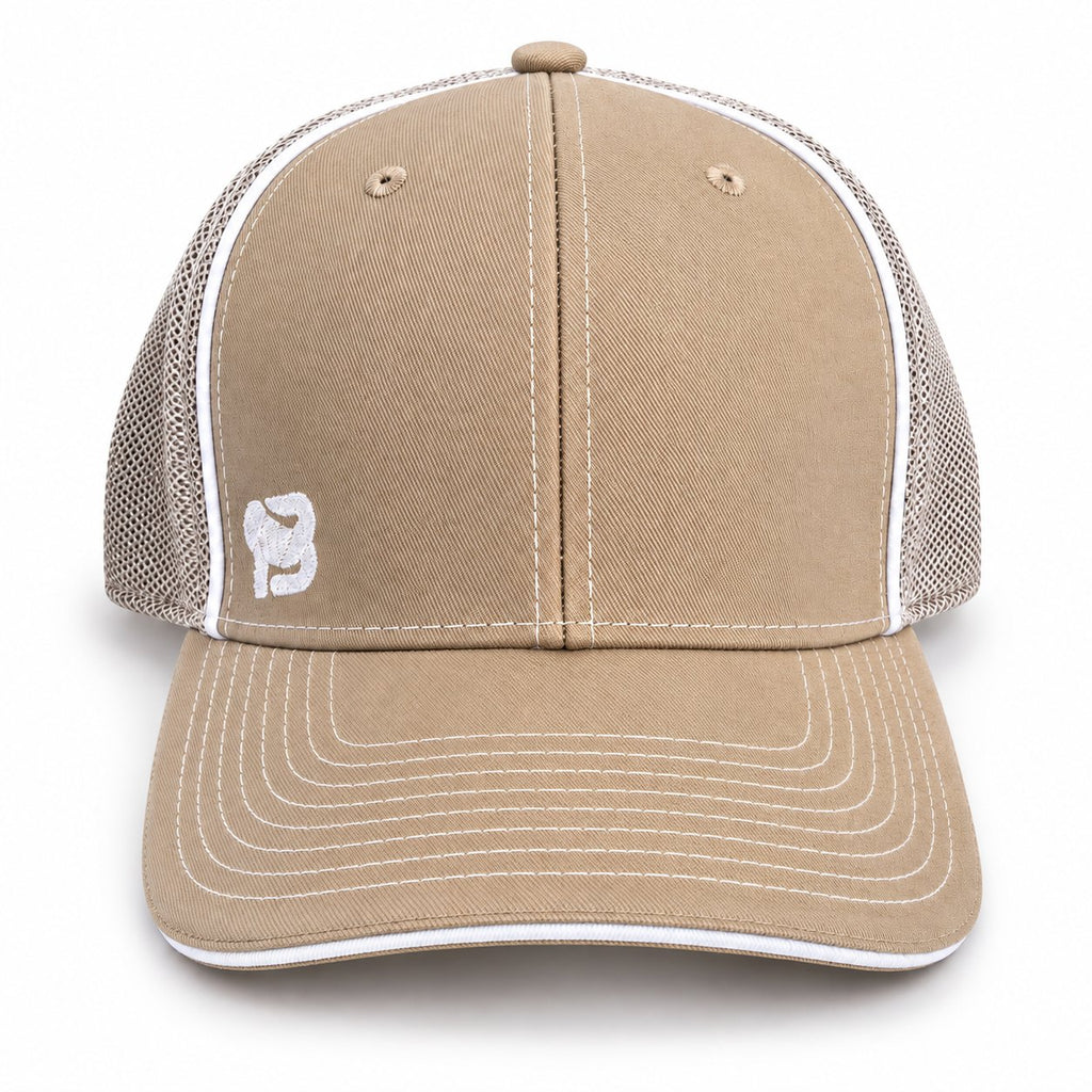 Gorra trucker BLUEGORILLA color crema con rejilla y logo gorila bordado, vista frontal