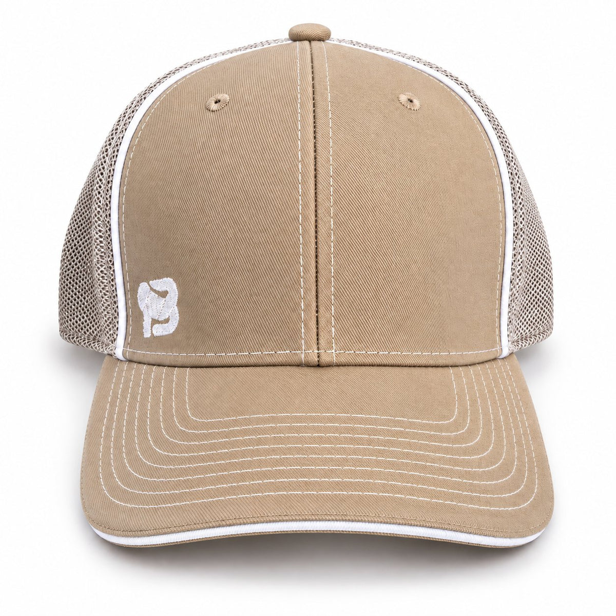 Gorra trucker BLUEGORILLA color crema con rejilla y logo gorila bordado, vista frontal