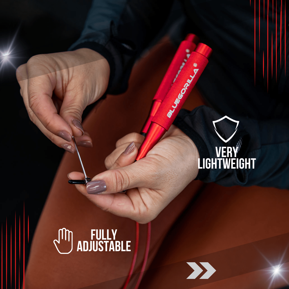 BLUEGORILLA - BLUEGORILLA® Comba profesional ultraligera de aluminio – Rodamientos dobles para máxima velocidad - Rojo - Red BLUEGORILLA ultralight aluminum jump rope with double bearings, fully adjustable for CrossFit, WOD, gymnastics, and.