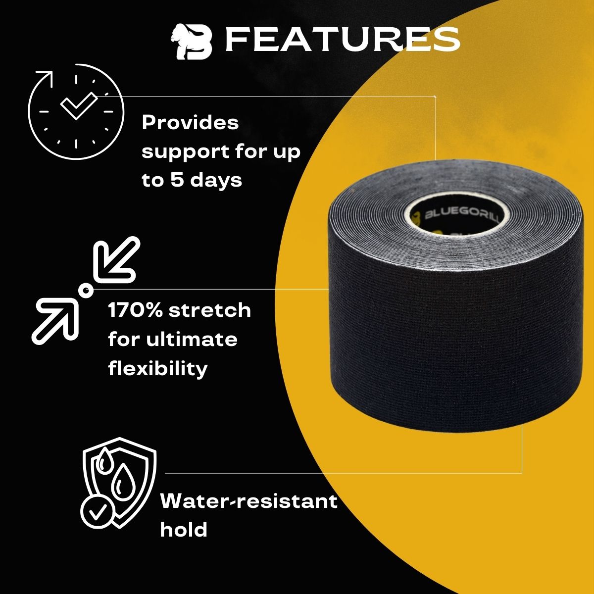 BLUEGORILLA® Premium Kinesiotape. Resistente al agua y al sudor (nivel 3). Sin latex. Llavero KB