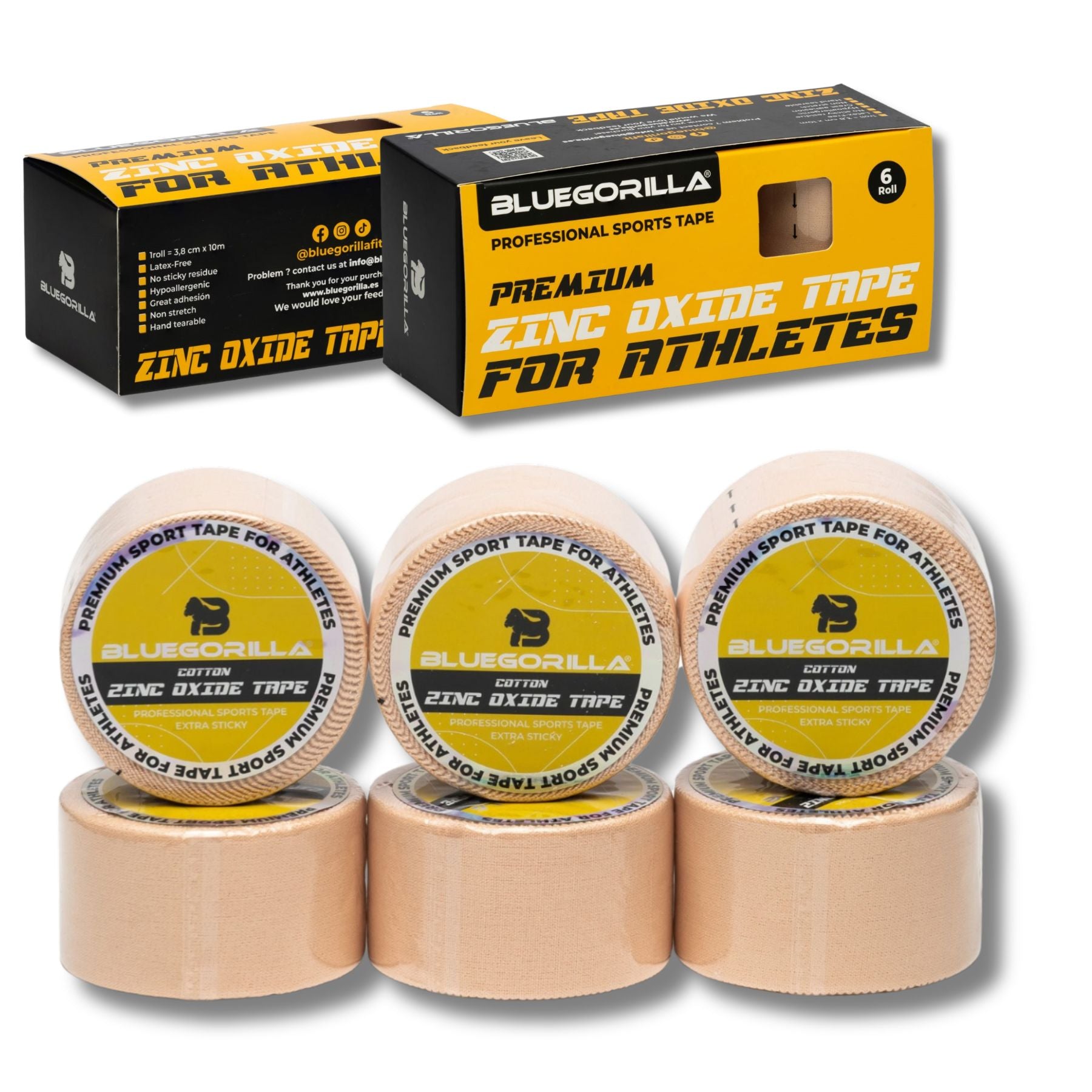 BLUEGORILLA® Esparadrapo Deportivo - Tape Oxido de Zinc - Pack 6 x 3,8cm. x 10mtr. Llavero KB