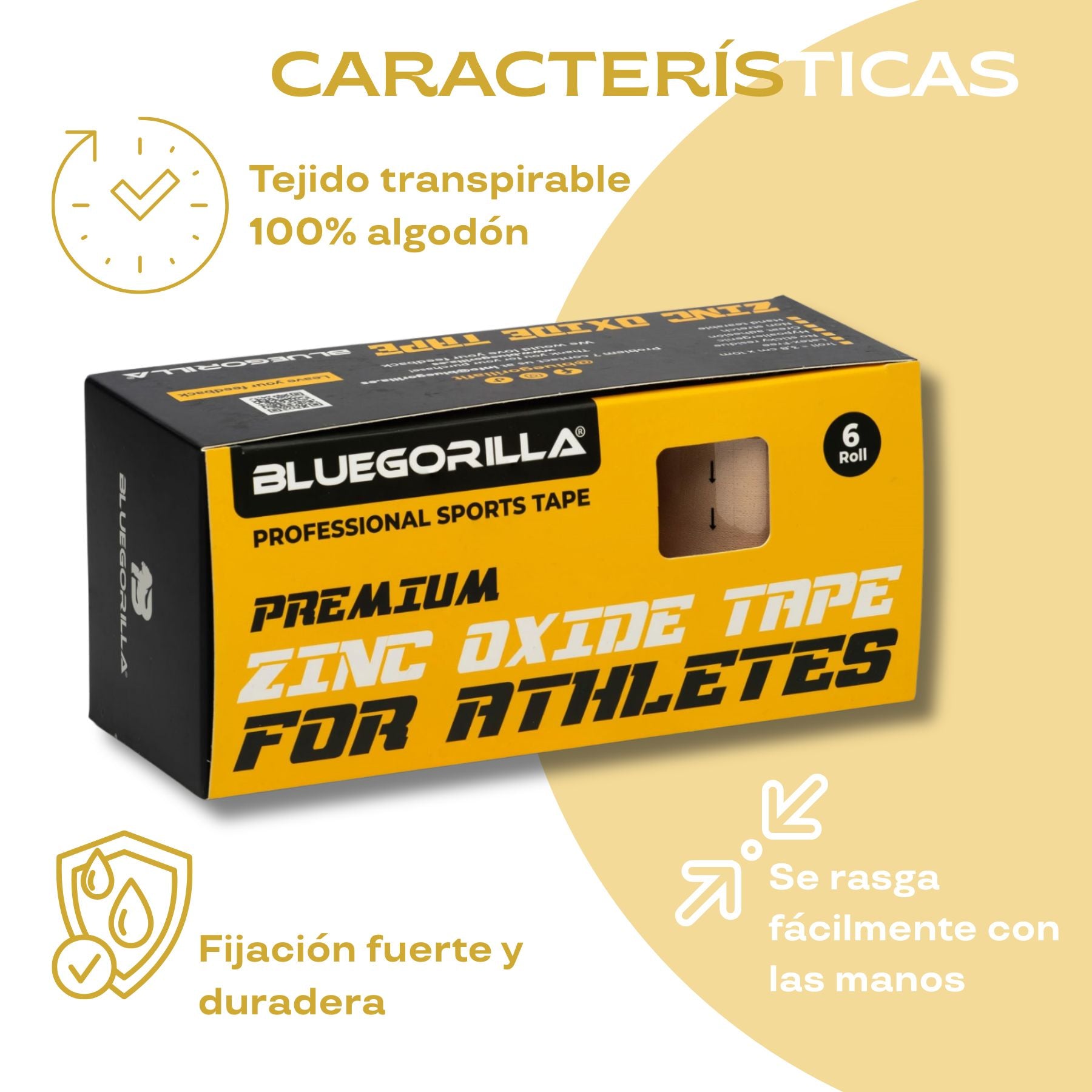 BLUEGORILLA® Esparadrapo Deportivo - Tape Oxido de Zinc - Pack 6 x 3,8cm. x 10mtr. Llavero KB