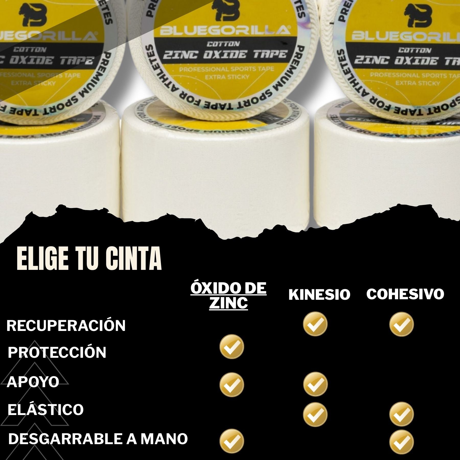 BLUEGORILLA® Esparadrapo Deportivo - Tape Oxido de Zinc - Pack 6 x 3,8cm. x 10mtr. Llavero KB