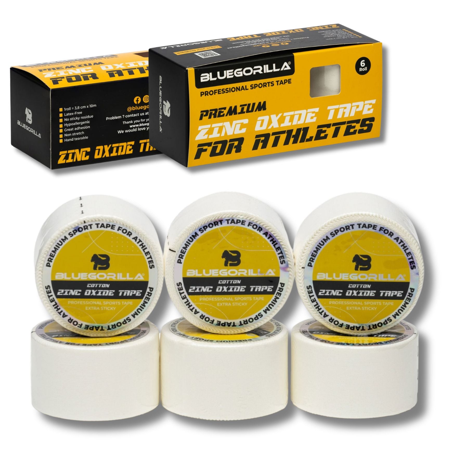 BLUEGORILLA® Esparadrapo Deportivo - Tape Oxido de Zinc - Pack 6 x 3,8cm. x 10mtr. Llavero KB