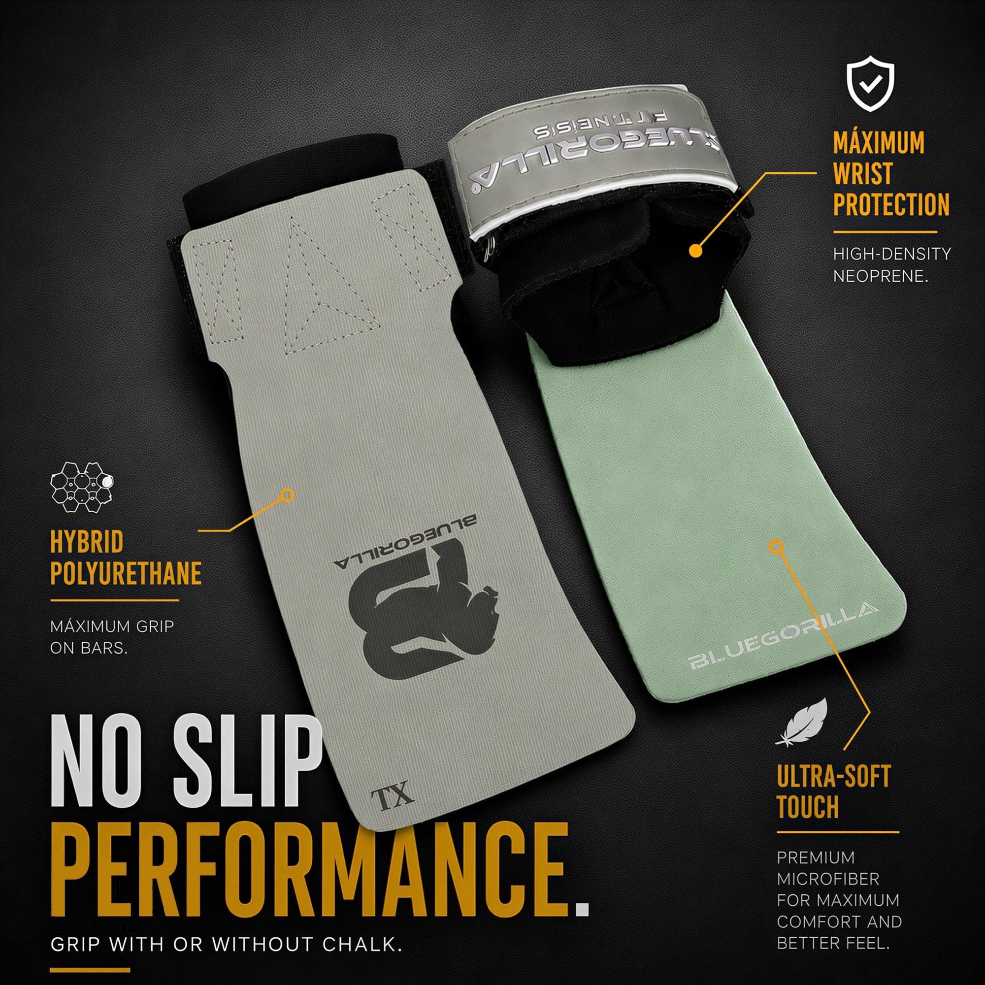 BLUEGORILLA Hybrid Force - Calleras Crossfit de Máximo Agarre con o Sin Magnesio, Grips Híbridos para Gimnasia y Calistenia, Protección Sin Agujeros, Muñequera Neopreno CR + Llavero Regalo