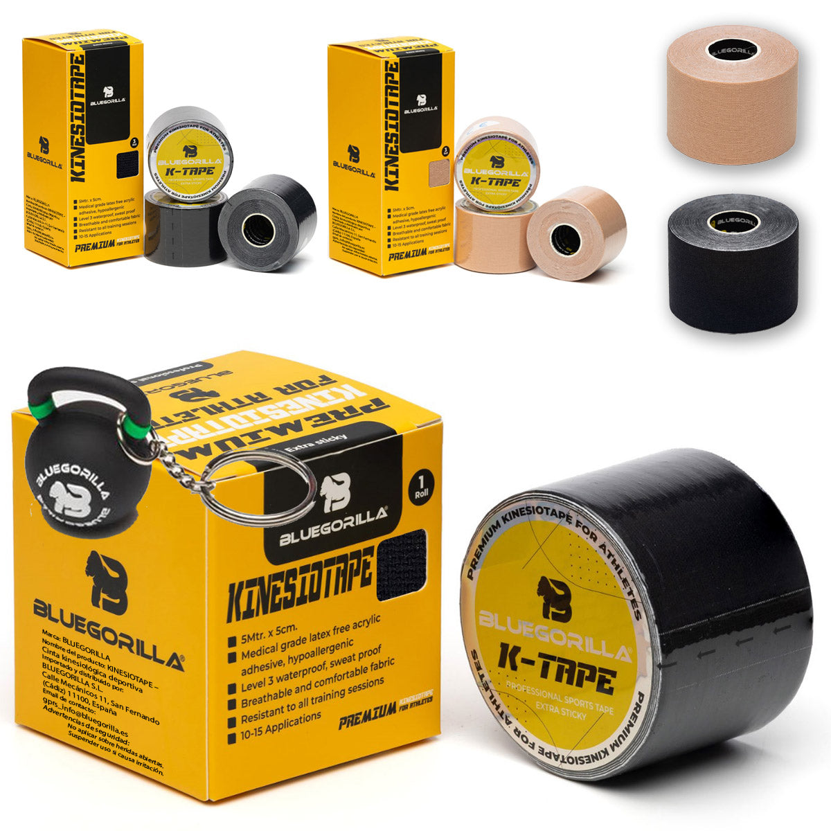 BLUEGORILLA® Premium Kinesiotape. Resistente al agua y al sudor (nivel 3). Sin latex. Llavero KB