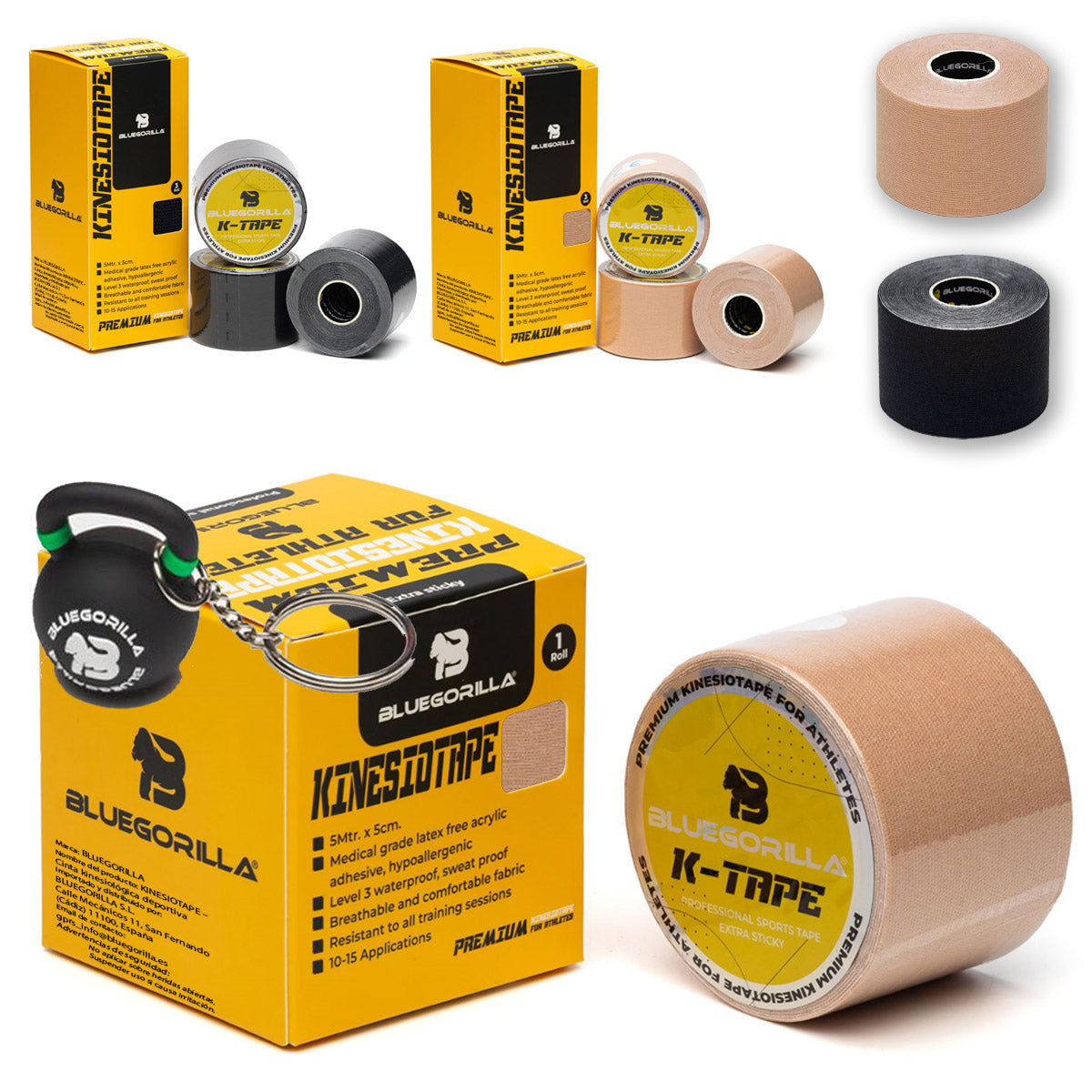BLUEGORILLA® Premium Kinesiotape. Resistente al agua y al sudor (nivel 3). Sin latex. Llavero KB