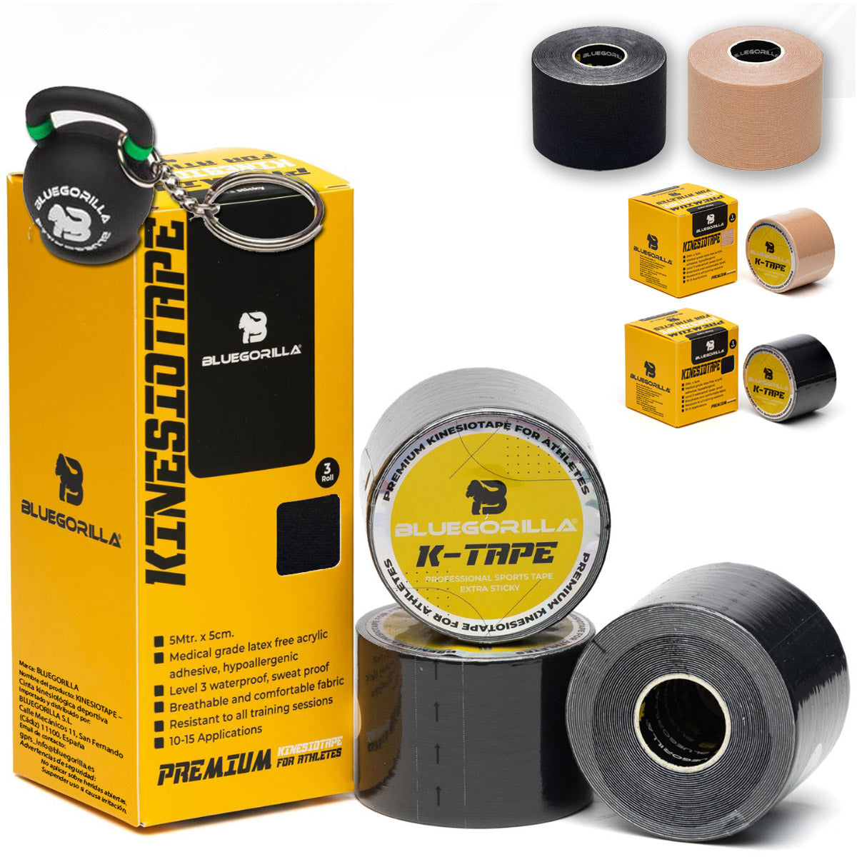 BLUEGORILLA® Premium Kinesiotape. Resistente al agua y al sudor (nivel 3). Sin latex. Llavero KB