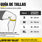 Guía de tallas de las rodilleras BLUEGORILLA por contorno de rodilla flexionada a 90 grados, de la talla S de 29 a 34 cm a la XL de 38 a 42 cm