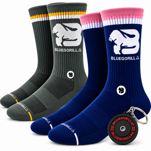 BLUEGORILLA - BLUEGORILLA® Calcetines Deportivos de Media Caña · Pack de 2 Pares - Miami / S-M - acolchado, calcetines, crossfit, crosstraining, media caña, miami, pack, tactical, tejido técnico - Two pairs of mid-calf BLUEGORILLA training socks in charcoal gray and navy, with ribbed cuffs, cushioned soles, and white.