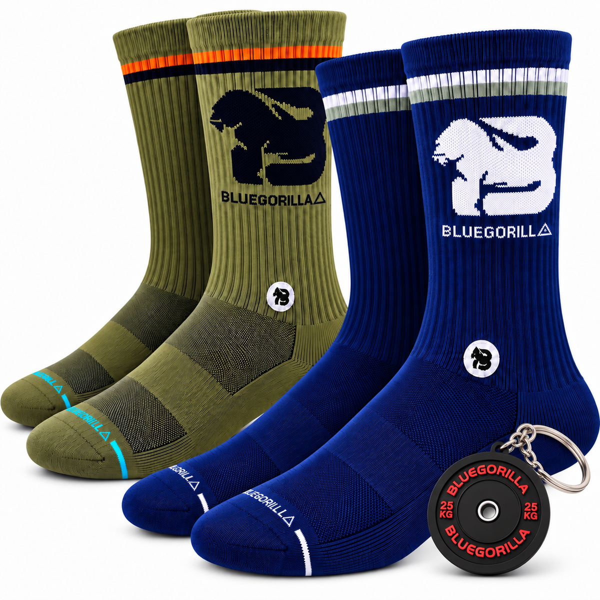 BLUEGORILLA - BLUEGORILLA® Calcetines Deportivos de Media Caña · Pack de 2 Pares - Miami / S-M - acolchado, calcetines, crossfit, crosstraining, media caña, miami, pack, tactical, tejido técnico - Two pairs of BLUEGORILLA mid-calf training socks in olive green and navy, with padded toes, contrast stripes, and logo.