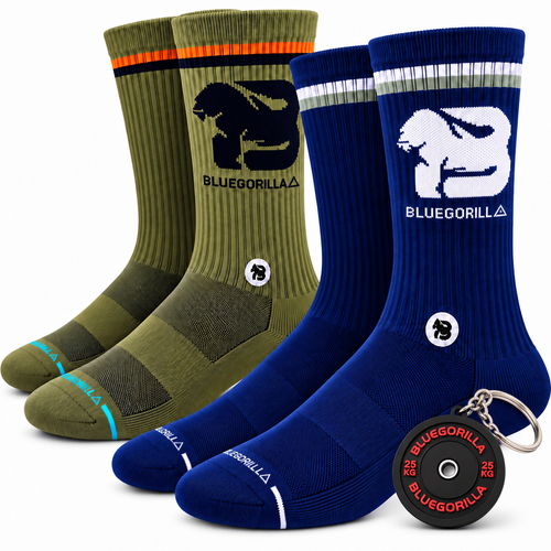BLUEGORILLA - BLUEGORILLA® Calcetines Deportivos de Media Caña · Pack de 2 Pares - Miami / S-M - acolchado, calcetines, crossfit, crosstraining, media caña, miami, pack, tactical, tejido técnico - Two pairs of BLUEGORILLA mid-calf training socks in olive green and navy, with padded toes, contrast stripes, and logo.