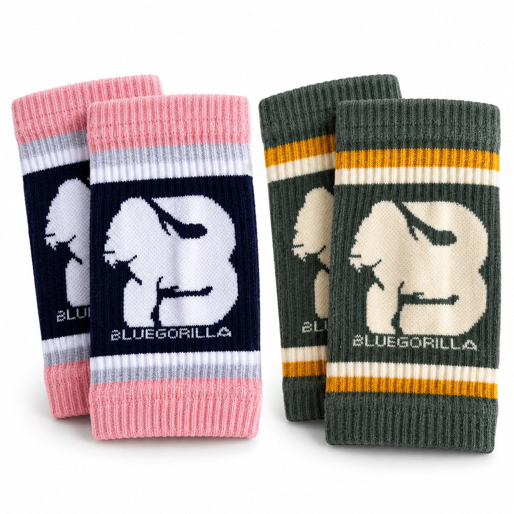 BLUEGORILLA - BLUEGORILLA® Muñequeras de Sudor Deportivas (Sweatbands) · Pack de 2 Pares - Tactical - crossfit, crosstraining, miami, muñequeras, pack, sweatbands, tactical - Two pairs of ribbed BLUEGORILLA sports sweatbands, one pink and navy and one dark green with yellow stripes, featuring.