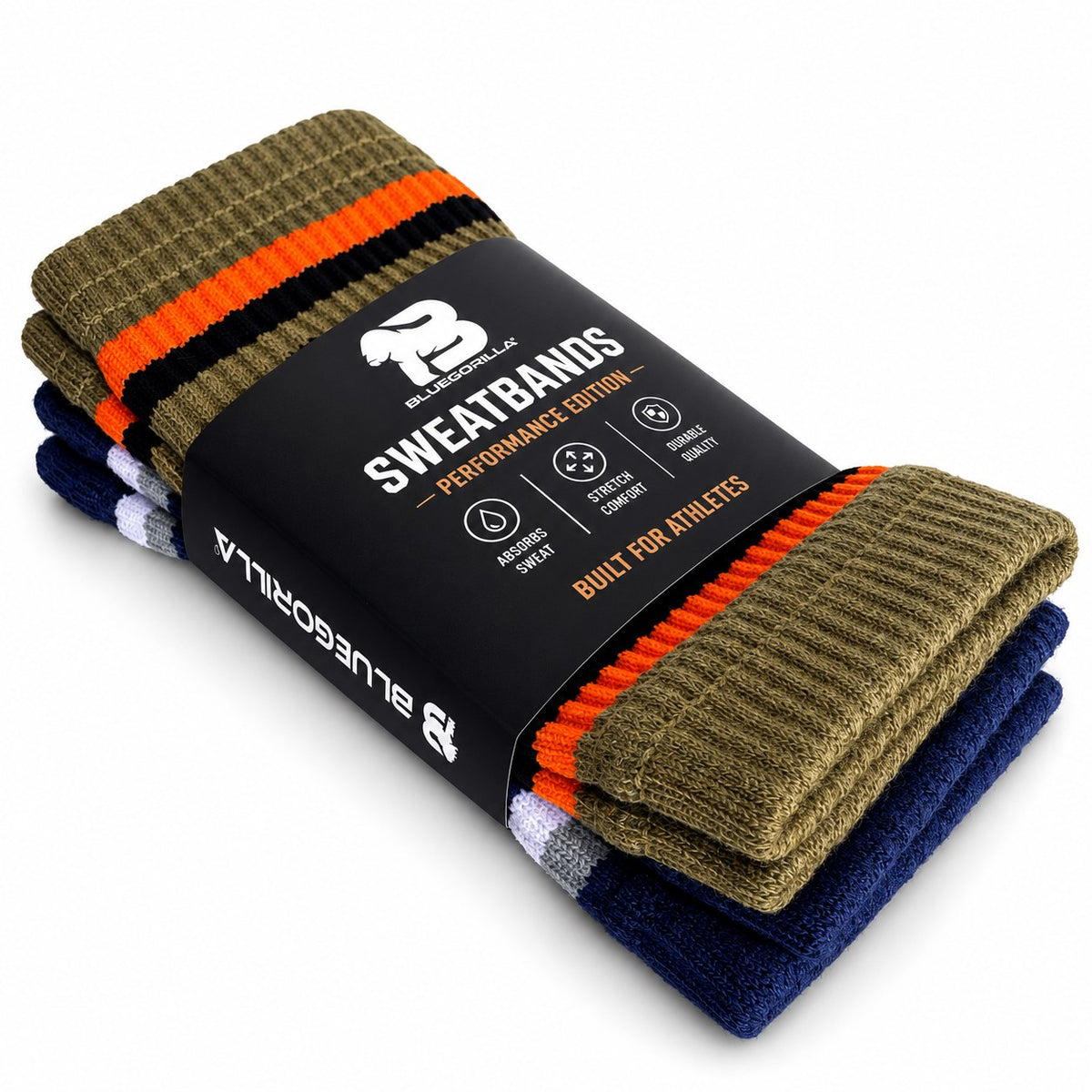 BLUEGORILLA - BLUEGORILLA® Muñequeras de Sudor Deportivas (Sweatbands) · Pack de 2 Pares - Tactical - crossfit, crosstraining, miami, muñequeras, pack, sweatbands, tactical - Two pairs of ribbed BLUEGORILLA sweatbands in olive green and navy, with orange stripes and a black CrossFit training band.