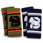 BLUEGORILLA - BLUEGORILLA® Muñequeras de Sudor Deportivas (Sweatbands) · Pack de 2 Pares - Tactical - crossfit, crosstraining, miami, muñequeras, pack, sweatbands, tactical - Four ribbed BLUEGORILLA sweatbands in olive and navy, with striped cuffs and bold gorilla logos for CrossFit training.