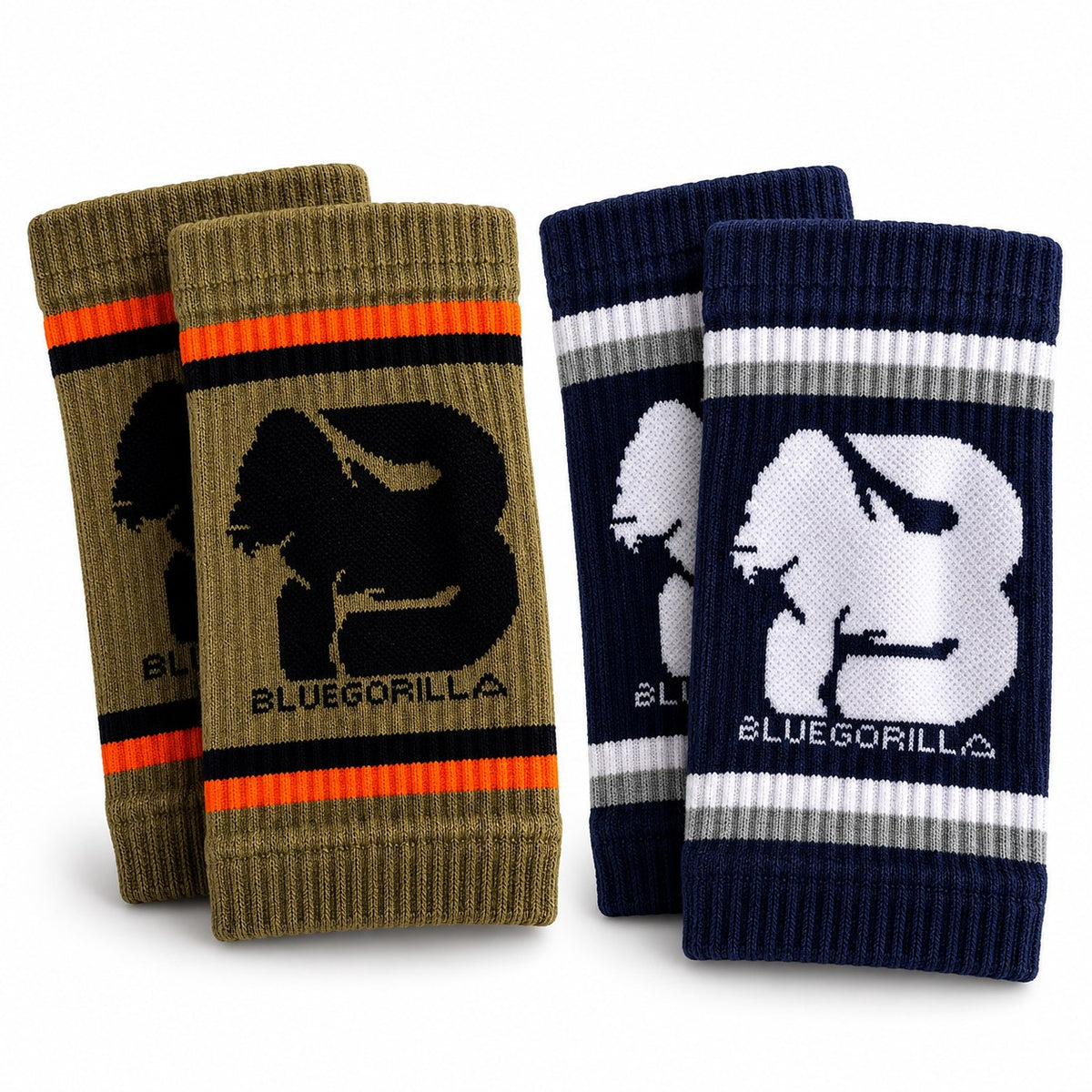 BLUEGORILLA - BLUEGORILLA® Muñequeras de Sudor Deportivas (Sweatbands) · Pack de 2 Pares - Tactical - crossfit, crosstraining, miami, muñequeras, pack, sweatbands, tactical - Four ribbed BLUEGORILLA sweatbands in olive and navy, with striped cuffs and bold gorilla logos for CrossFit training.