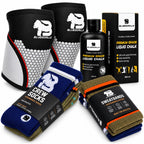 BLUEGORILLA - Pack HYROX BLUEGORILLA® · Rodilleras + Calcetines TACTICAL + Magnesio líquido + Sweatbands de regalo - S-M / S - BlueGORILLA® CrossFit training bundle with black knee sleeves, blue and orange tactical socks, liquid chalk bottles, and.