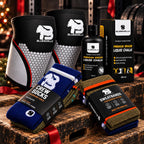 BLUEGORILLA - Pack HYROX BLUEGORILLA® · Rodilleras + Calcetines TACTICAL + Magnesio líquido + Sweatbands de regalo - S-M / S - Bluegorilla CrossFit training bundle with black knee sleeves, blue crew socks, orange wrist sweatbands, and liquid chalk.