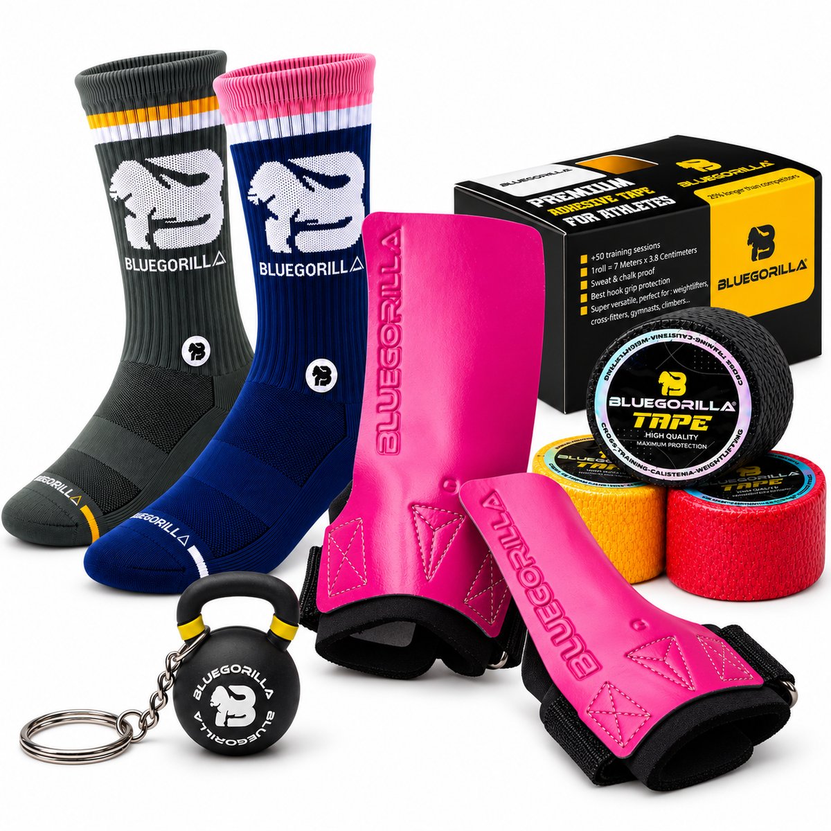 BLUEGORILLA - Pack Primer WOD BLUEGORILLA® · Calleras Competitor 2.0 + Tape (3 rollos) + Calcetines - S-M / M - BlueGORILLA CrossFit WOD set with black, blue, and pink grip pads, colorful tape rolls, and sports socks.