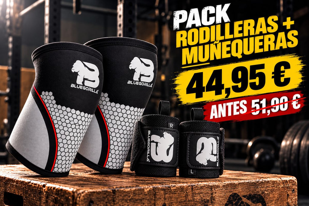 BLUEGORILLA - Pack BLUEGORILLA® Rodilleras Neopreno 7 mm + Muñequeras Performance - Negro / S - Black 7 mm neoprene knee sleeves with red-and-white trim and matching wrist wraps, CrossFit training gear.