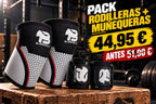 BLUEGORILLA - Pack BLUEGORILLA® Rodilleras Neopreno 7 mm + Muñequeras Performance - Negro / S - Black 7 mm neoprene knee sleeves with red-and-white trim and matching wrist wraps, CrossFit training gear.