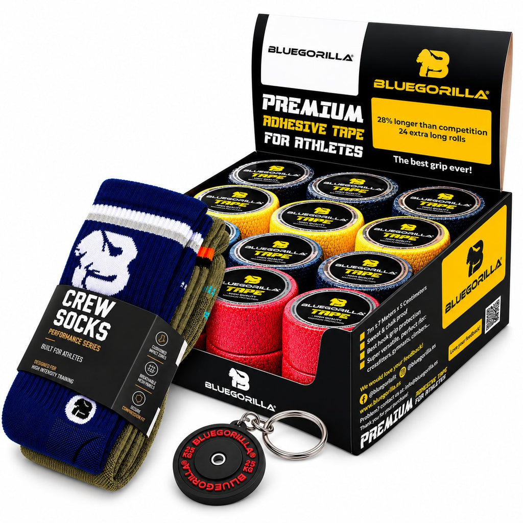 BLUEGORILLA - Pack Tape Anual BLUEGORILLA® · Caja 24 rollos de tape 3,8 cm + Calcetines - Miami / S-M - Bluegorilla CrossFit kit with a box of black, yellow, and red grip tape rolls, blue crew socks, and a keychain timer.
