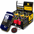 BLUEGORILLA - Pack Tape Anual BLUEGORILLA® · Caja 24 rollos de tape 3,8 cm + Calcetines - Miami / S-M - Bluegorilla CrossFit kit with a box of black, yellow, and red grip tape rolls, blue crew socks, and a keychain timer.