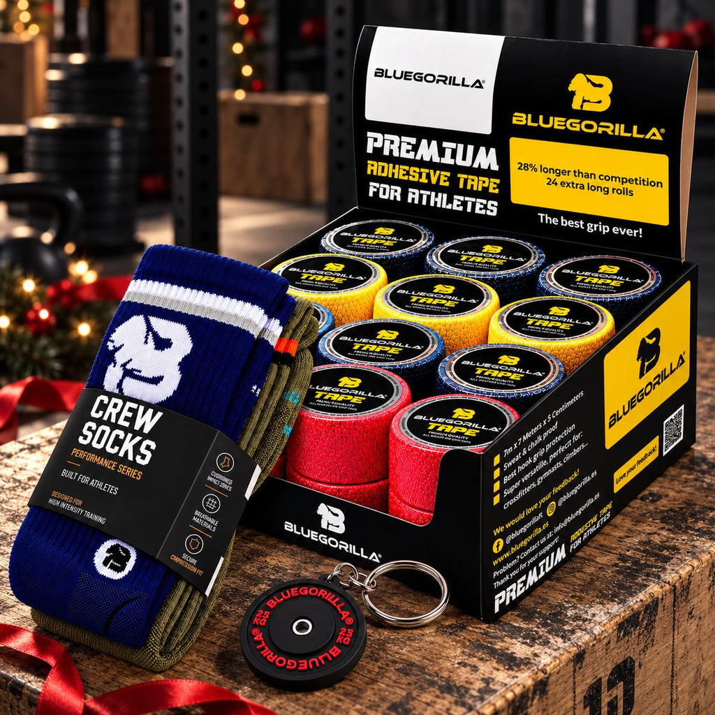 BLUEGORILLA - Pack Tape Anual BLUEGORILLA® · Caja 24 rollos de tape 3,8 cm + Calcetines - Miami / S-M - BLUEGORILLA CrossFit tape set with black-and-yellow box, rolls of black and red grip tape, and blue crew socks.