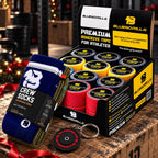 BLUEGORILLA - Pack Tape Anual BLUEGORILLA® · Caja 24 rollos de tape 3,8 cm + Calcetines - Miami / S-M - BLUEGORILLA CrossFit tape set with black-and-yellow box, rolls of black and red grip tape, and blue crew socks.