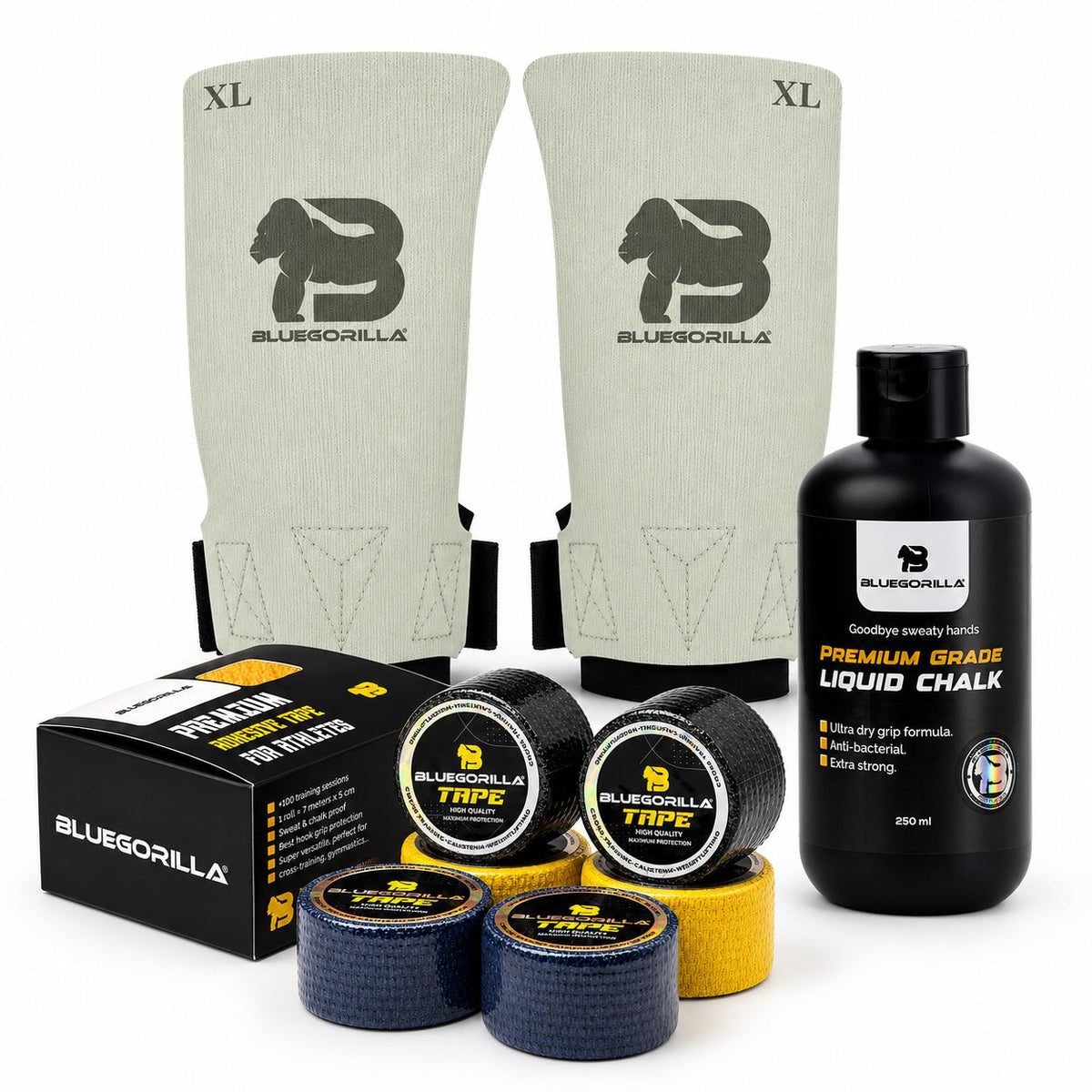 Kit WOD BLUEGORILLA: calleras Hybrid OPS, tape de 3,8 cm y magnesio líquido