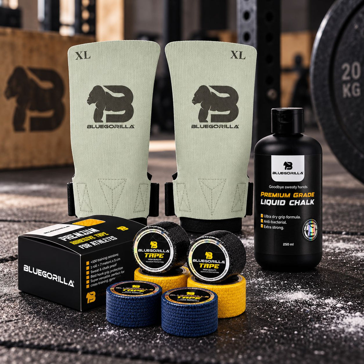 Kit WOD BLUEGORILLA: calleras Hybrid OPS, tape de 3,8 cm y magnesio líquido