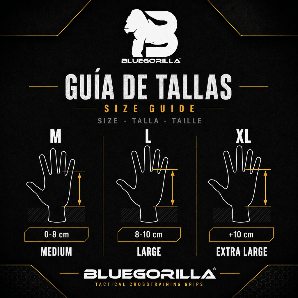 BLUEGORILLA - BLUEGORILLA® QUAD FORCE – Calleras CrossTraining y Functional | Grip RX, neopreno reforzado - M - BlueGorilla grip pads size guide for CrossFit and gymnastics training with medium, large, and extra-large options.