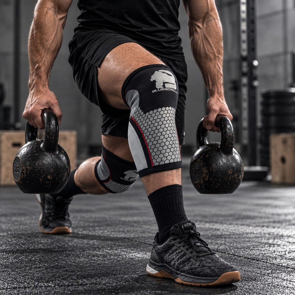 BLUEGORILLA - Pack BLUEGORILLA® Rodilleras Neopreno 7 mm + Muñequeras Performance - Negro / S - Athlete wearing black 7 mm neoprene knee sleeves with gray grip panels and red trim during a kettlebell WOD.