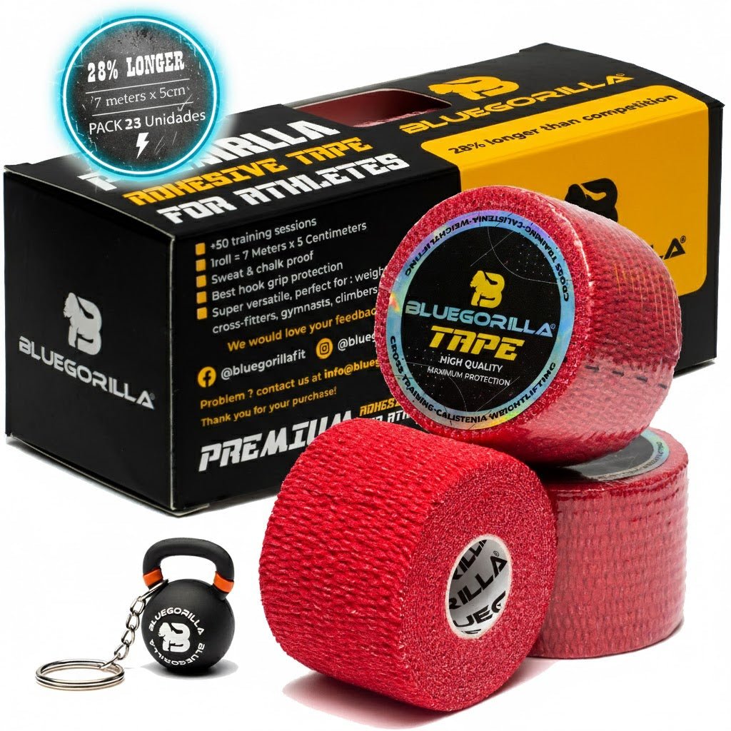 BLUEGORILLA - BLUEGORILLA® Tape Premium 5cm x 7mtr. (varios pack) - 6 Multicolor - Red BLUEGORILLA® Tape rolls with textured grip pads for CrossFit, gymnastics, and WOD training, displayed beside branded.