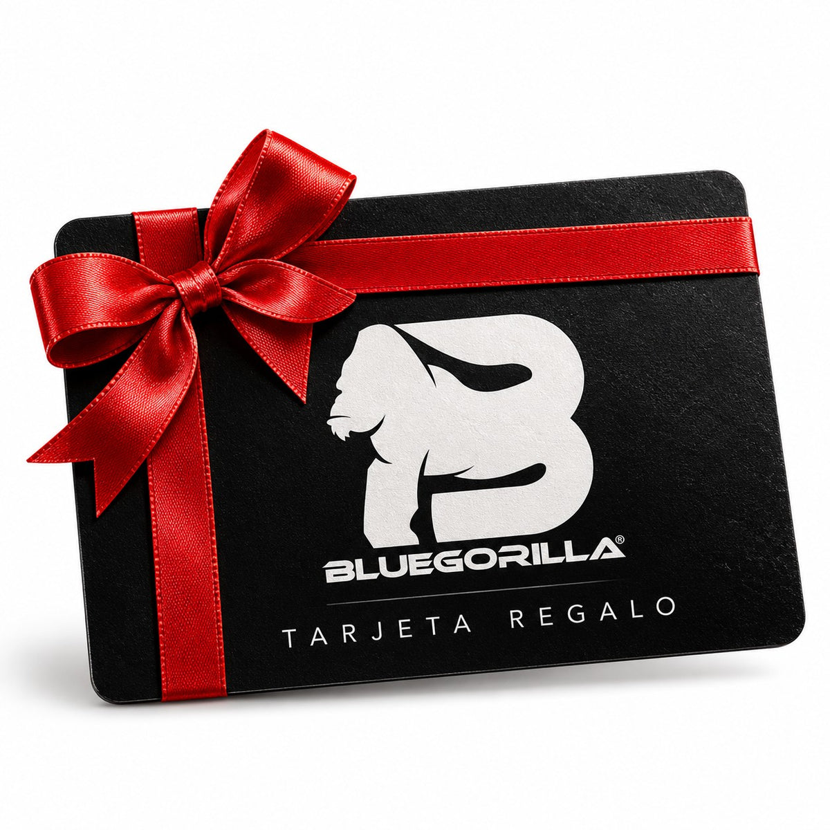 BLUEGORILLA - Tarjeta regalo BLUEGORILLA - 25,00 € - Black BLUEGORILLA gift card wrapped with a bright red ribbon and bow, featuring a white gorilla logo.